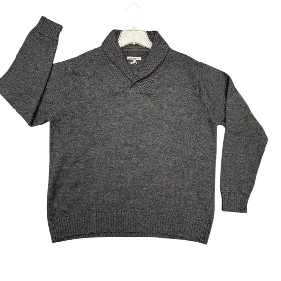 Johnston & Murphy Gray Merino Wool Shawl Neck Sweater Size L Classic Preppy - Picture 2 of 13